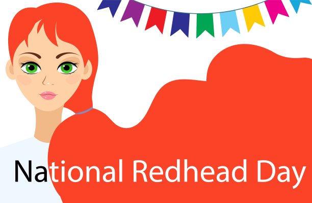 全国红发日。美丽的红发女孩和旗帜。红头发的可爱女孩。红发日海报。图片下载