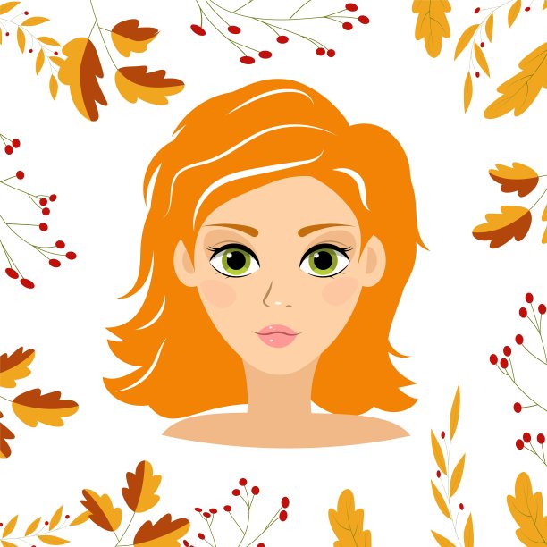 可爱的红发女孩和白底上的秋叶。前视图。色彩鲜艳的肖像。图片下载