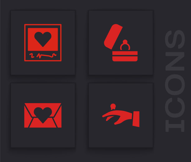 集结婚戒指在手，相框心，和信封与情人节图标。向量图片下载