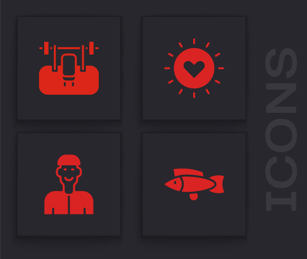 集鱼，长凳与杠铃，太阳和积极的思考图标。向量图片下载