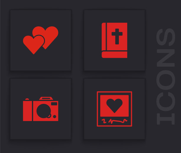 集相框和心，心，圣经书和相机图标。向量图片下载