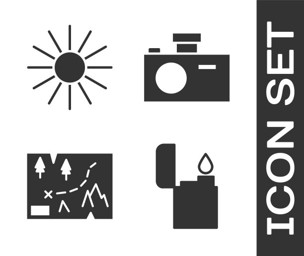 设置打火机，太阳，折叠地图与位置和照片相机图标。向量图片下载