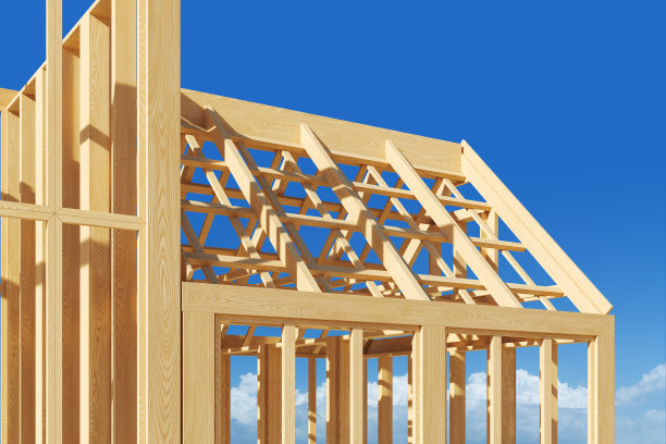 木屋框架建筑衬着蓝天，逼真的图形风格，户外背景，概念家居建筑。3 d渲染。图片下载