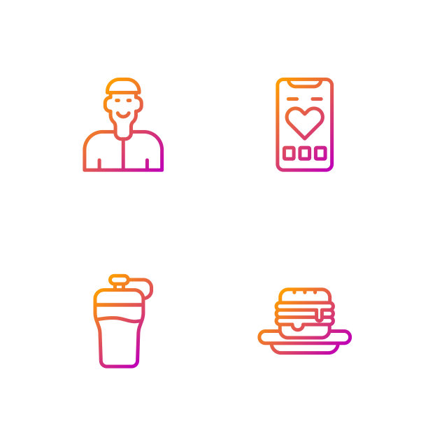 设定垃圾食品，健身震动器，积极思考和移动心率。渐变颜色图标。向量图片下载