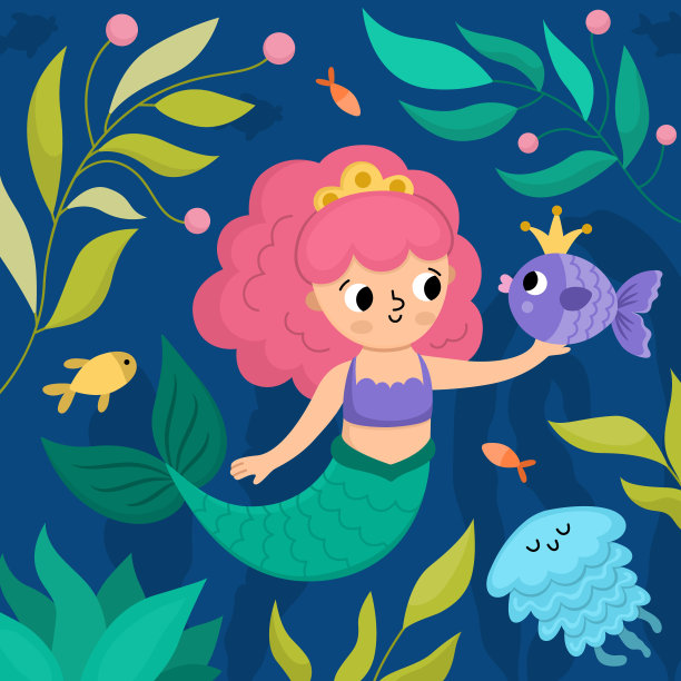 矢量景观插图与美人鱼与粉红色的头发，紫色的鱼与皇冠。海洋或海洋王国的景象有海藻、水母、海洋公主。可爱的方形童话背景的孩子图片下载