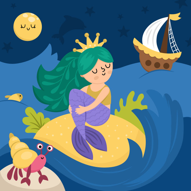 矢量景观插图与美人鱼与绿色的头发，夜空，船在海浪。海景与海洋公主坐在沙岛上。可爱的方形童话背景的孩子图片下载
