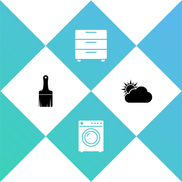 集油漆刷，洗衣机，家具床头柜和太阳云天气图标。向量图片下载