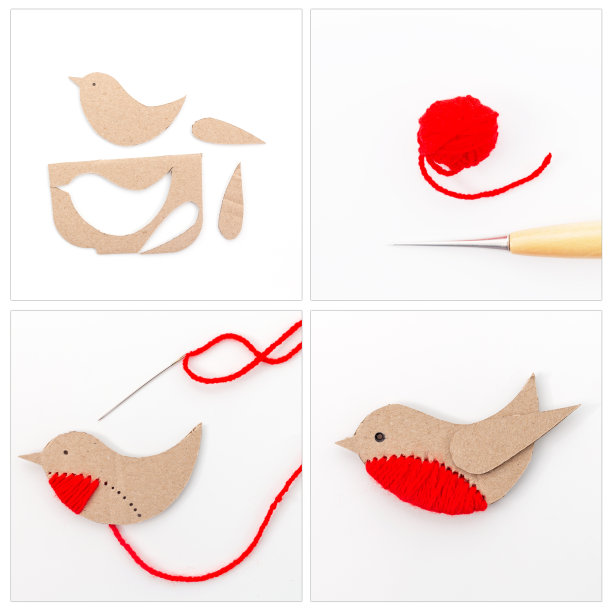 拼贴画展示了鸟类工艺品的创作，详细介绍了从剪纸到最终缝合的步骤。有趣，有创意的DIY项目，图片下载