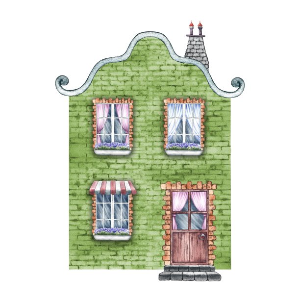 一栋古老的欧洲房子，一栋漂亮可爱的绿色两层复古风格的房子。水彩插图是手绘的。隔离。用于印刷，儿童游戏明信片，包装，剪贴簿。图片下载