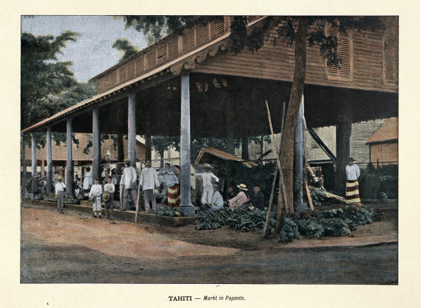 古图片，塔希提岛帕皮提有盖市场的人们和市场商人，19世纪90年代的历史，19世纪，照片图片下载