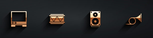 设置语音助手，鼓，立体声扬声器和小号图标长阴影。向量图片下载