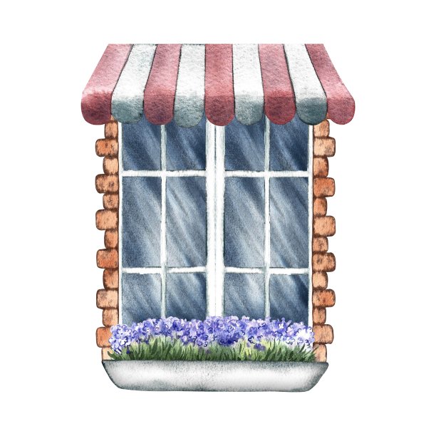 窗户是复古风格的。一扇砖框的老式窗户。窗户上挂着小喇叭，窗台上放着鲜花。手绘水彩插图。强调它。一个设计元素。图片下载