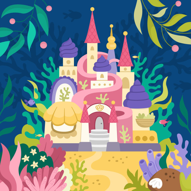 矢量景观插图与美人鱼城堡。海洋或海洋王国的景象有海藻、鱼类、珊瑚，海底的海洋公主宫殿。可爱的方形童话背景的孩子图片下载