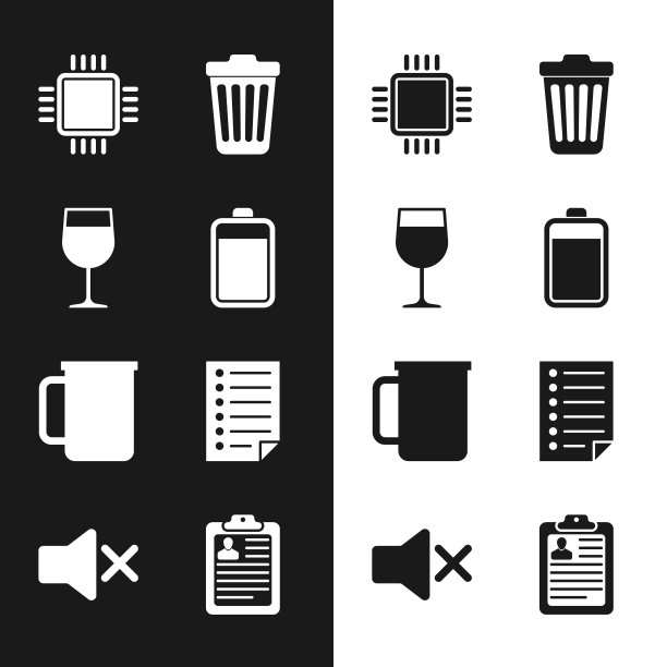 设置电池，酒杯，处理器与CPU，垃圾桶，咖啡杯和文件图标。向量图片下载