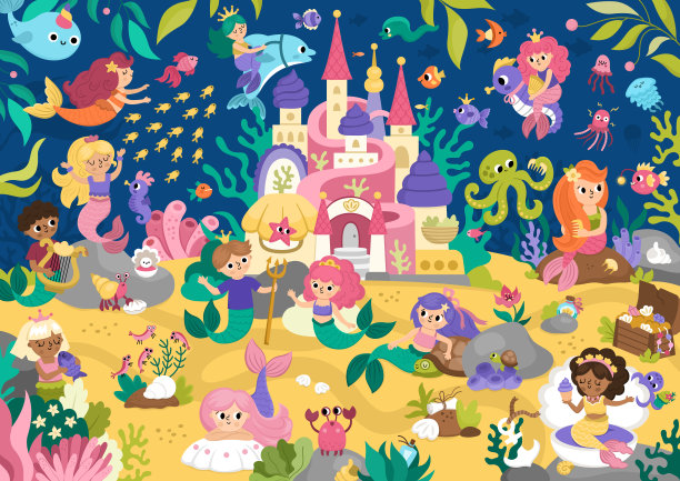 矢量美人鱼土地景观插图与城堡，鱼，海藻，宝藏，王子和公主。海底，海洋王国的景象。可爱的水平童话或水的自然背景图片下载