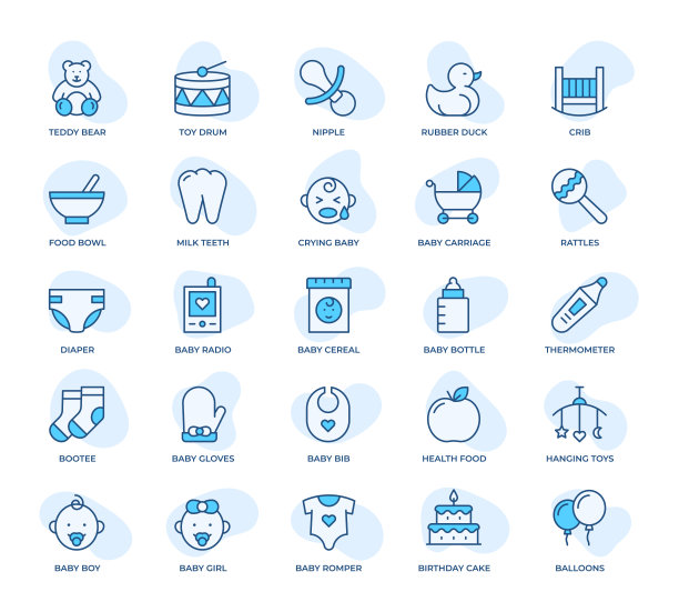 婴儿图标集-新生必需品和配件的矢量插图图片下载