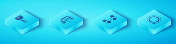 设置等距车钥匙与远程，检查发动机，轮胎和事故图标。向量图片下载