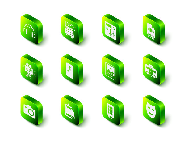 集复古打字机，混音控制器，MP3文件文件，演员预告片，喜剧戏剧面具，相框，软箱灯和相机墨盒图标。向量图片下载