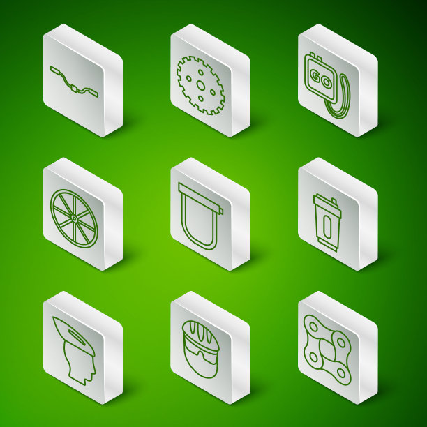 设置线自行车链，头盔，车把，锁，车轮，链轮曲柄，运动瓶与水图标。向量图片下载