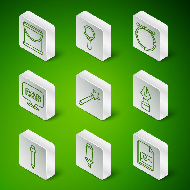 设置线图片景观，记号笔，油桶，魔术棒，RGB CMYK语音气泡，放大镜，铅笔橡皮擦和喷泉笔尖图标。向量图片下载