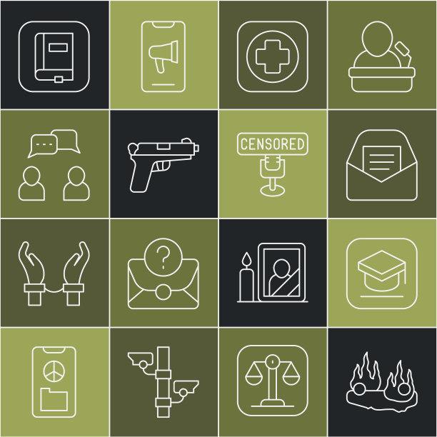 设置线燃烧的汽车，毕业帽，邮件和电子邮件，医院招牌，手枪或枪，演讲泡沫聊天，法律书和审查邮票图标。向量图片下载