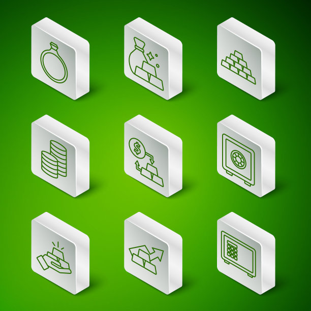 设置线安全，成长箭头与金条，金戒指，兑换钱，硬币，袋，和图标。向量图片下载