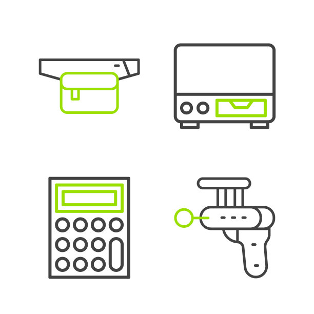 设置线射线枪，计算器，旧录像带播放器和香蕉图标腰袋。向量图片下载