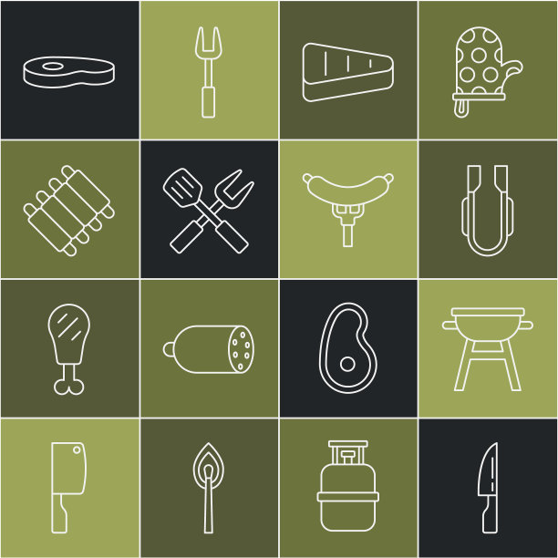 集线烧烤刀，烤架，肉钳，牛排肉，交叉叉和抹刀，烤猪肉烧烤排骨，和香肠的图标。向量图片下载