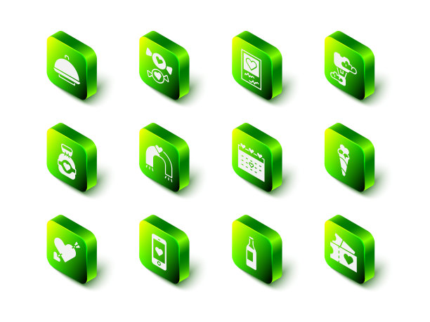 集糖果，相框心，浪漫的气球，冰淇淋在华夫蛋筒，爱情票，日历，酒瓶和移动图标。向量图片下载