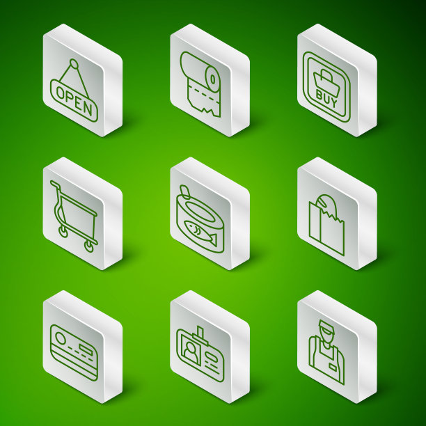 设置线卖家，身份标识，挂开标志，鱼罐头，购物车，卫生纸卷，信用卡和纸袋面包图标。向量图片下载