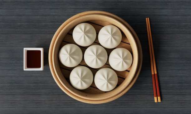 黑木背景的韩国食物饺子。3D渲染图片下载