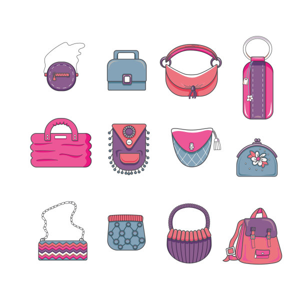 一套时尚的妇女手袋-手提袋，购物者，流浪汉，桶，挎包和小袋袋。时尚的皮革配件，不同类型的隔离在白色背景。一组妇女卡通袋孤立的白色背景。五颜六色的时尚包包。图片下载