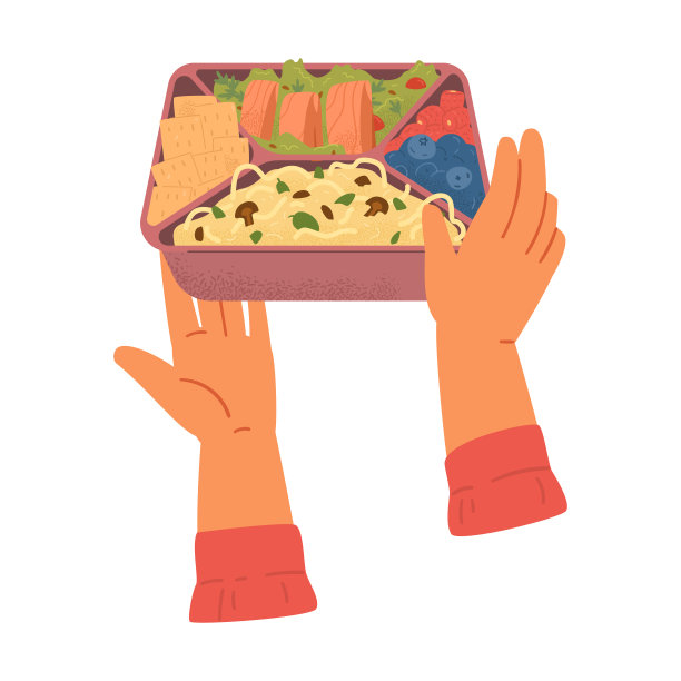 手握便当盒与食物矢量插图隔离在白色。意大利面配蘑菇、浆果、饼干、鲑鱼和沙拉。图片下载