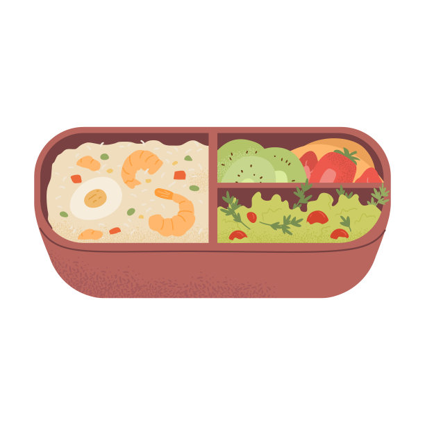 午餐盒或便当盒与食物载体插图隔离在白色。米饭配虾、水果和沙拉。图片下载