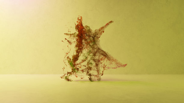 动态3D渲染的舞蹈人物由爆炸粒子在秋天的颜色，投在一个柔软的绿色背景图片下载