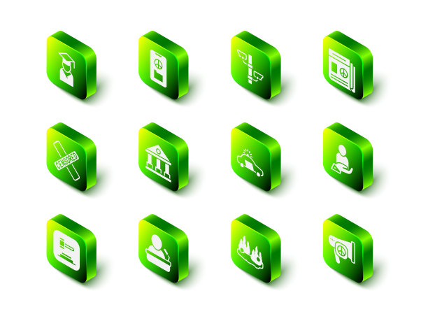 集和平，安全摄像头，新闻，人寿保险在手，警车闪光灯，燃烧和扬声器图标。向量图片下载