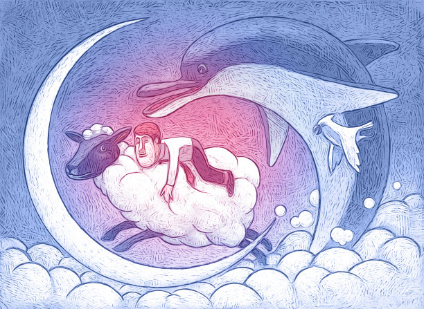 一个人骑着羊，跳过新月图片下载