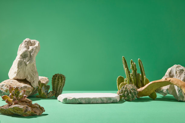 绿色的桌面在中间展示了一个平坦的平台，两侧是各种大小的岩石和沙漠植物。照片正面有空的空间广告图片下载