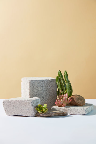 垂直照片是从正面拍摄的，在淡黄色的纹理上。白色的桌子上有几个空白的石台，用来展示产品，空白的地方用来添加文字图片下载