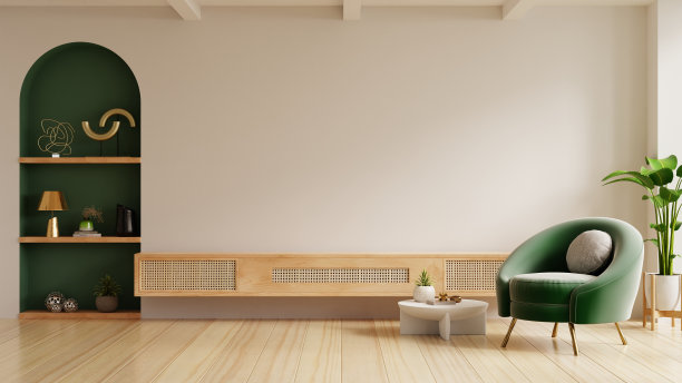 模拟一个电视墙壁安装有绿色扶手椅在客厅与白色墙壁- 3D渲染图片下载