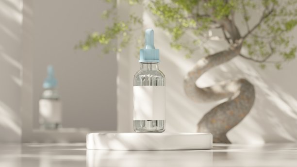 3d渲染逼真的玻璃化妆品瓶设计与滴管在白色背景。图片下载