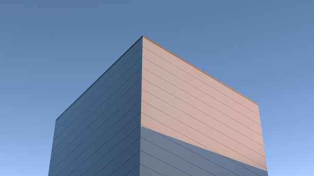 设计一个由砖块、混凝土、极简、傍晚日落时的高楼、墙纸组成的建筑。三维渲染图片下载