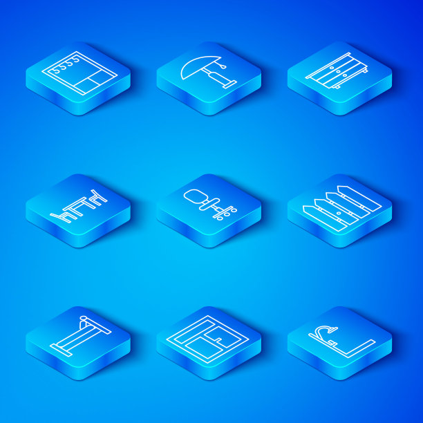 集线床，办公椅，窗户在房间，花园栅栏木制，抽屉柜，木桌，衣柜和淋浴图标。向量图片下载