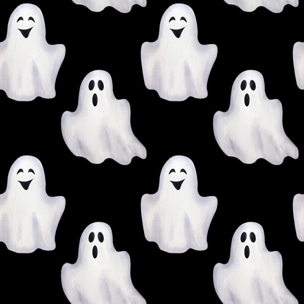 白鬼字无缝图案无穷无尽。尖叫吓人的脸。万圣节派对快乐。卡通精灵剪贴画，令人毛骨悚然的图片。手绘水彩插图黑色背景。纺织包装。图片下载