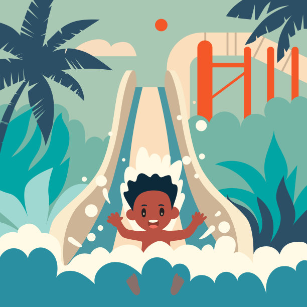 一个小男孩在水上公园滑下滑梯图片下载