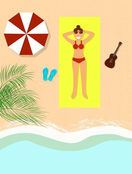 快乐的女人在沙滩上用四弦琴和雨伞晒日光浴图片下载