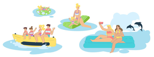 家庭度假与父母和孩子享受度假胜地和暑假漂浮在充气和游泳矢量集图片下载