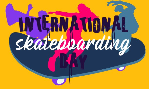 国际滑板日海报。年轻人的剪影，女孩和男孩用滑板骑和跳。滑板技巧，滑板骑行，跳跃。6月21日玩滑板图片下载