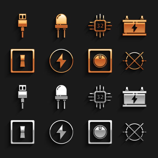 设置闪电，汽车电池，电路方案，电灯开关，带有微电路CPU的处理器，USB线缆和发光二极管图标。向量图片下载