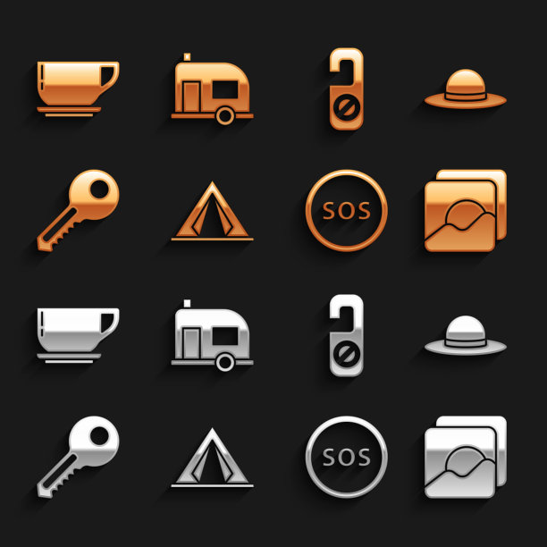 集旅游帐篷，优雅的女人帽子，照片，位置与SOS，钥匙，请不要打扰，咖啡杯和房车露营拖车图标。向量图片下载